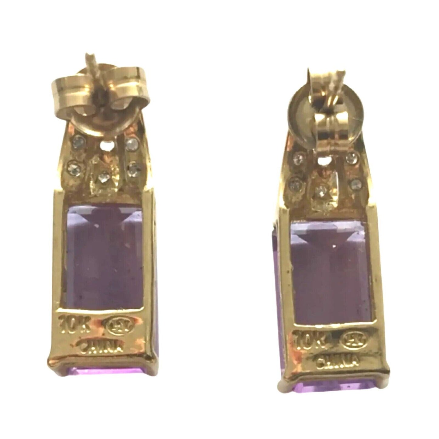 Vintage Emerald Cut Amethyst & Diamond Stud Earrings 10k Solid Yellow Gold