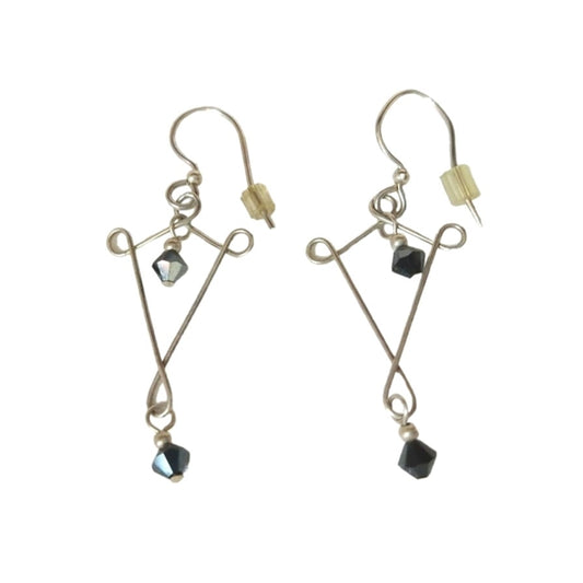 Vintage Black Beads Asymmetrical Dangle Drop Earrings Silver Plated Hook