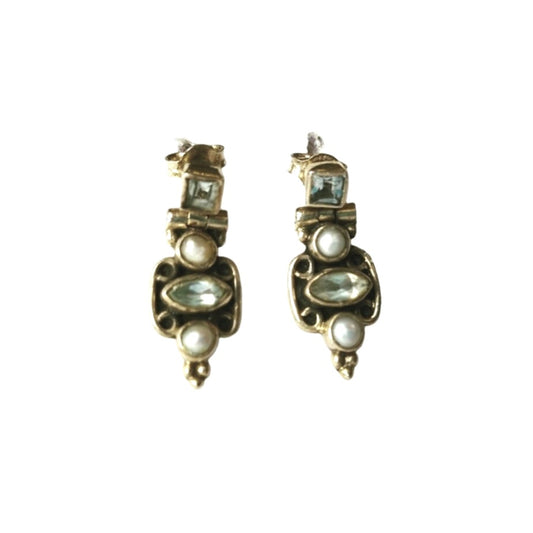 Princes & Marquise Cut Blue Topaz & Pearl Dangle Earrings Sterling Silver 925