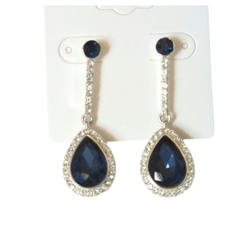 Pear Round Cut Navy Blue & Clear Crystal Dangle Drop Earrings Silver Plated Post