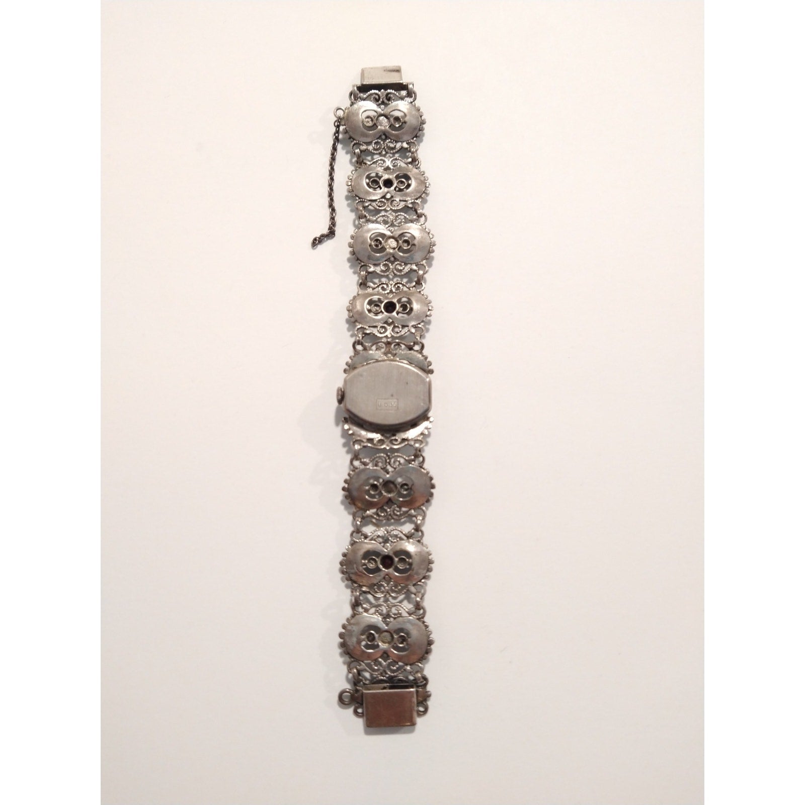 Antique Women`s Wrist Watch Bergland Filigree Sterling Silver Pearls Garnets