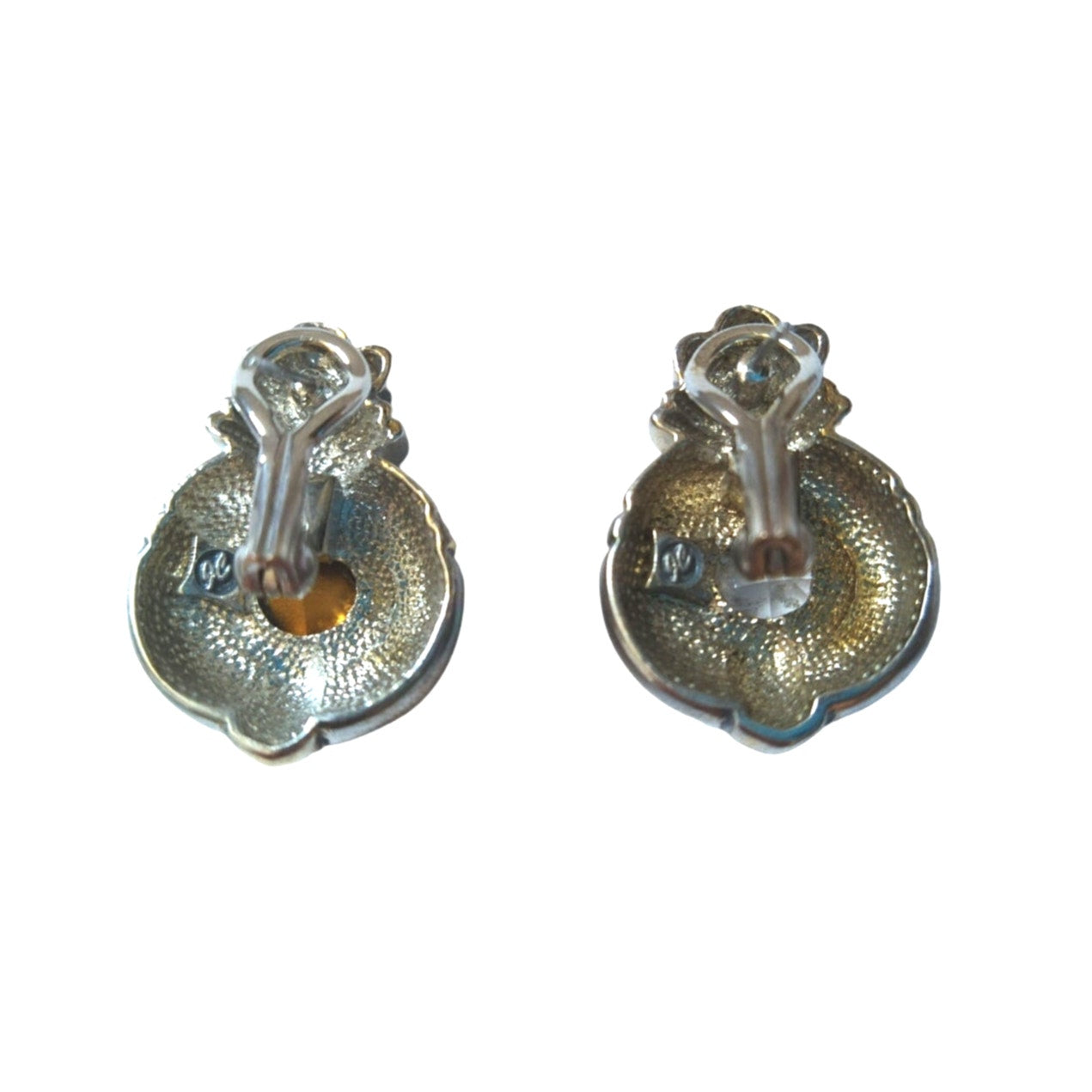 Vintage John Candice JC Oval Crystal Stud Earrings Silver Gold Tone Omega Clip