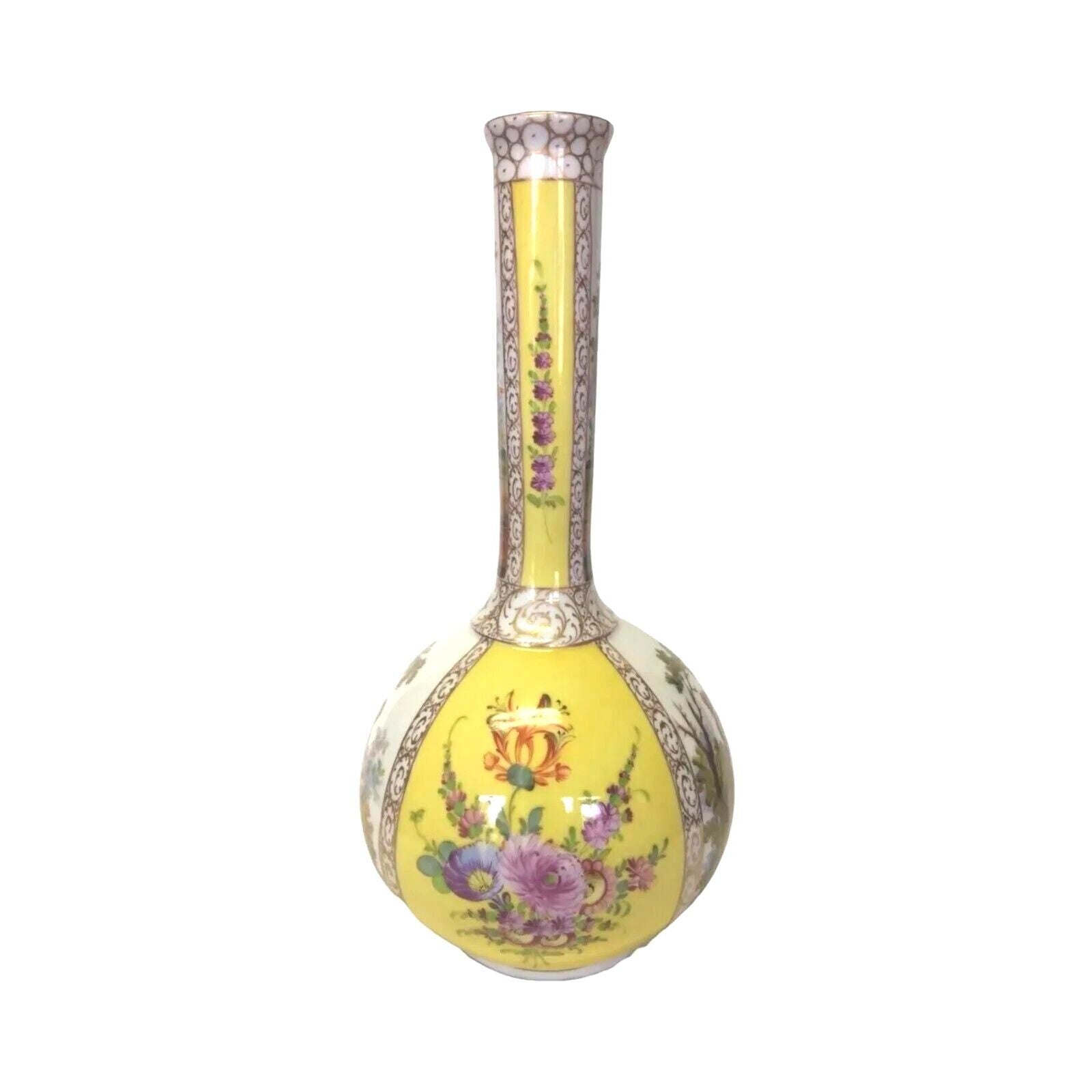 Antique Dresden Porcelain Vase white And Yellow Hand Painted 19c Germany