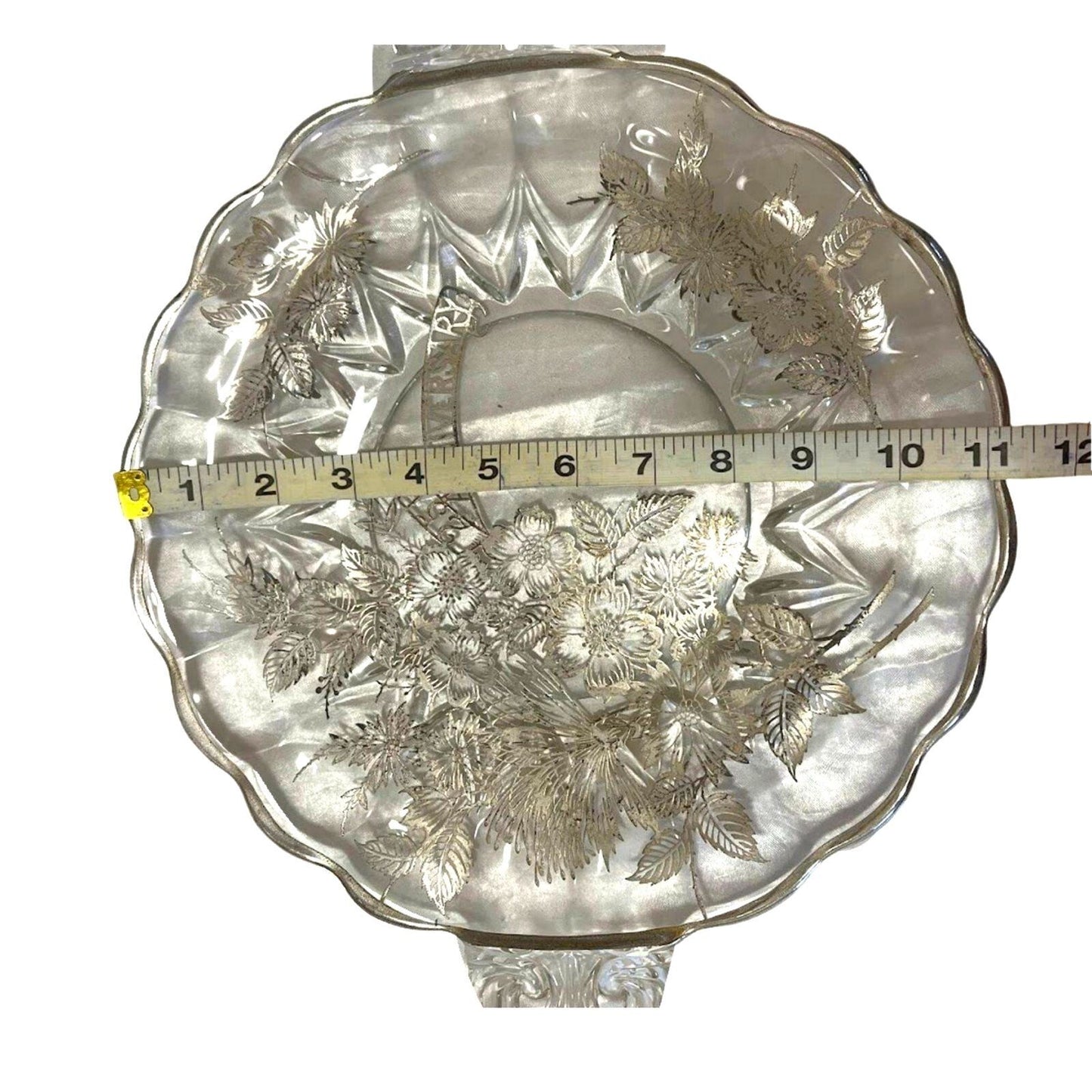 Vintage Serving Dish Platter Tray Crystal Glass Round Ornate Flower with Handles