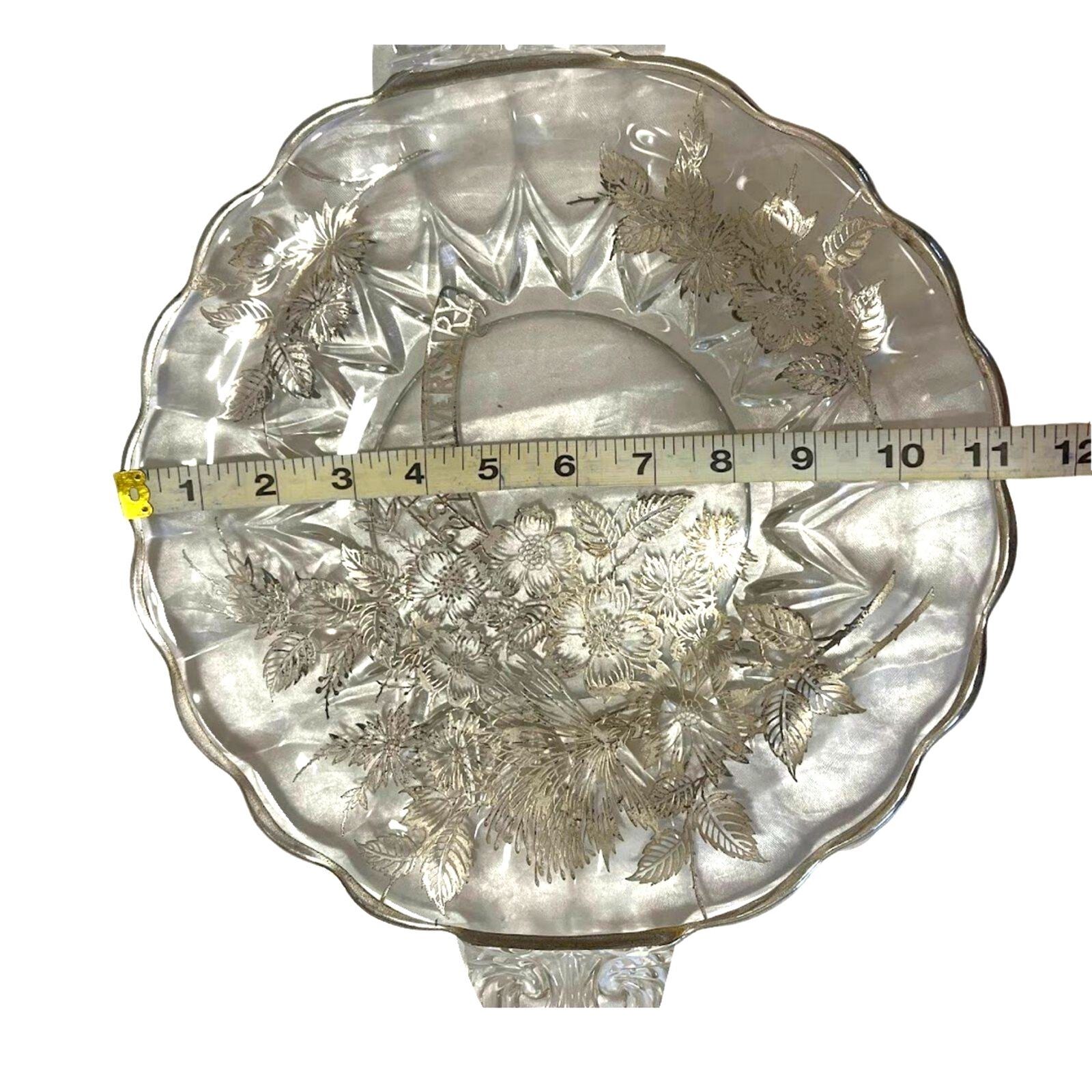 Vintage Serving Dish Platter Tray Crystal Glass Round Ornate Flower with Handles