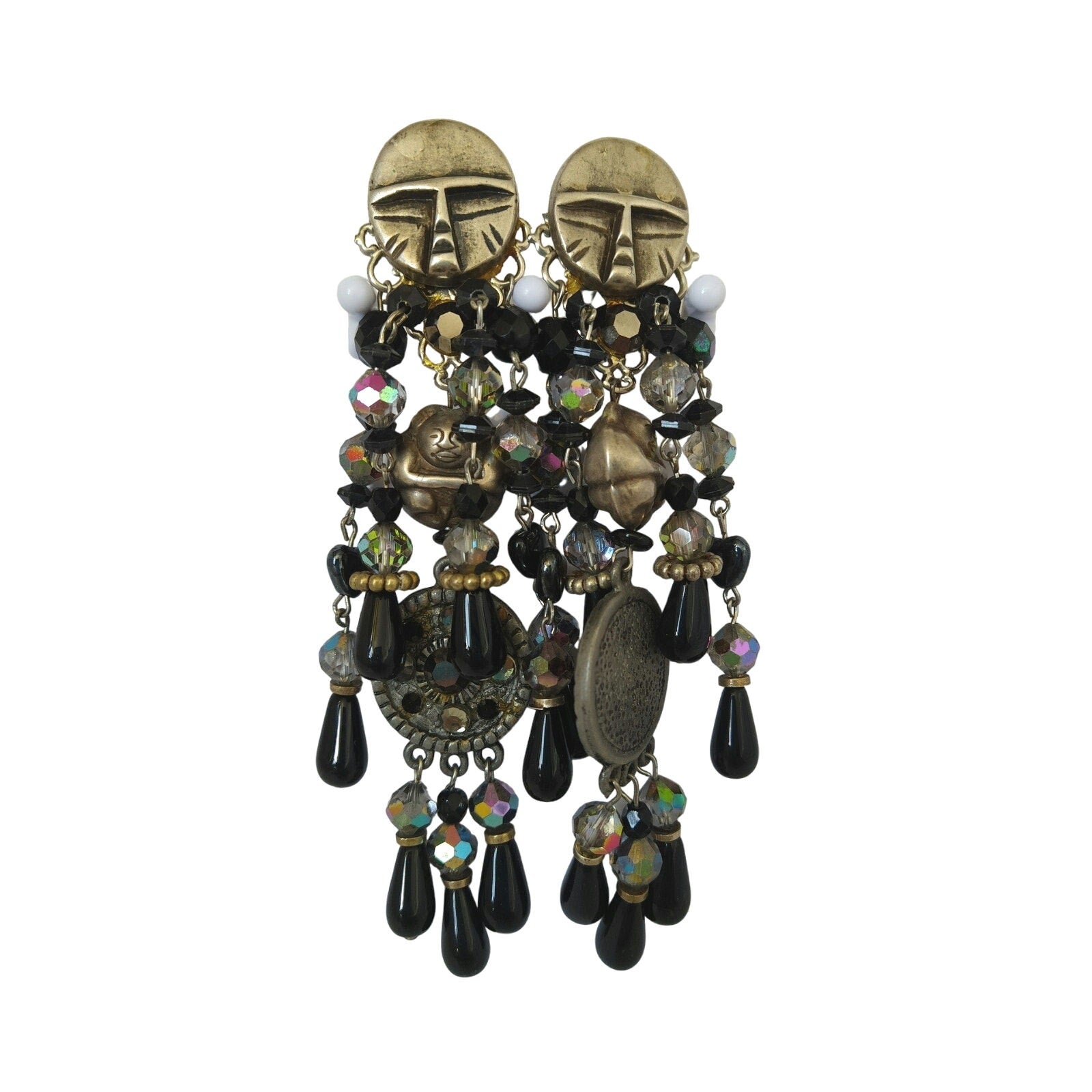Vintage Chandelier Earrings - Black Clear Rhinestones Crystals Buddhist Clip In