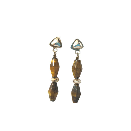 Tiger Eye Dangle Drop Earrings Solid Sterling Silver 925 Screw Back Womens