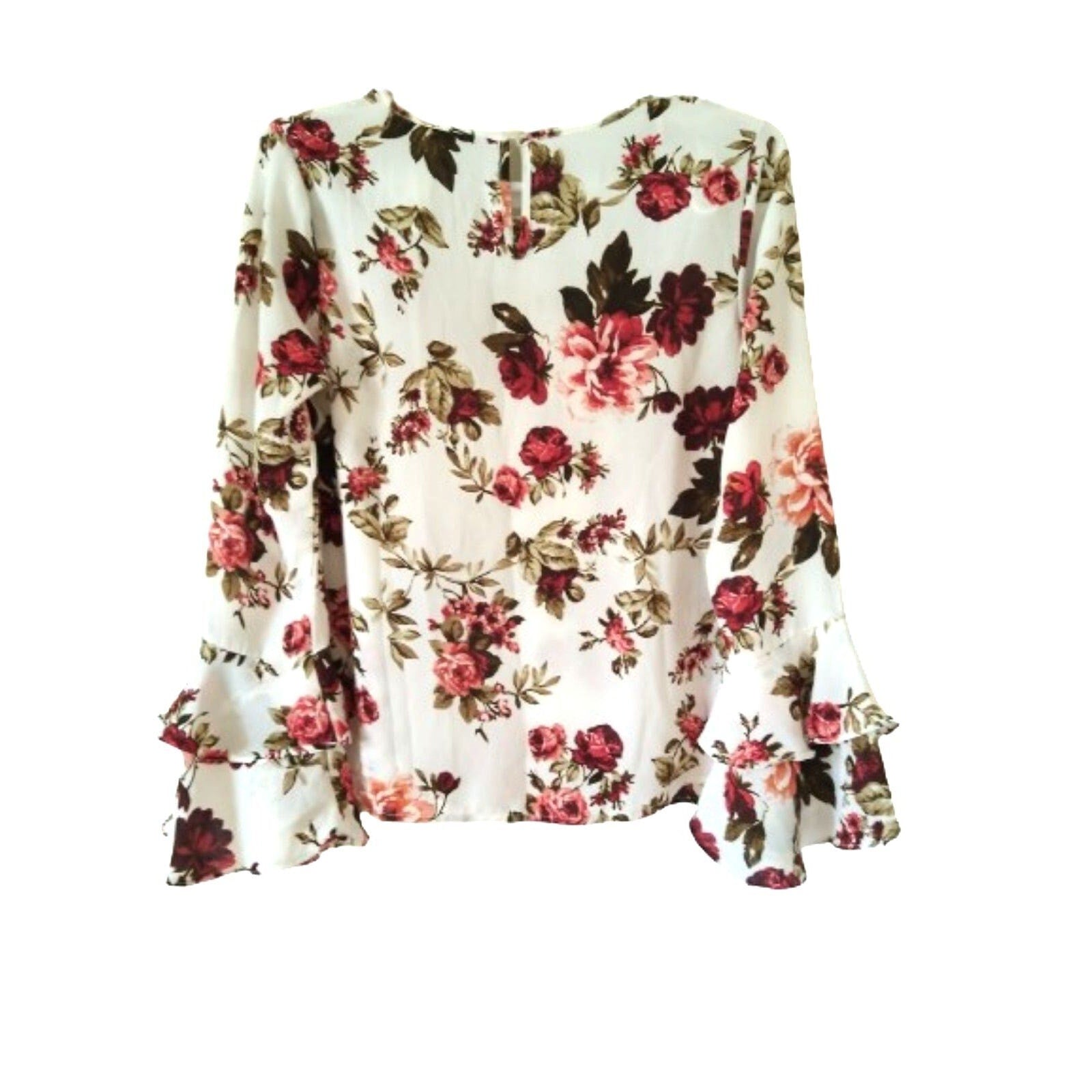 Ambiance white red Floral roses long bell sleeve women's blouse S