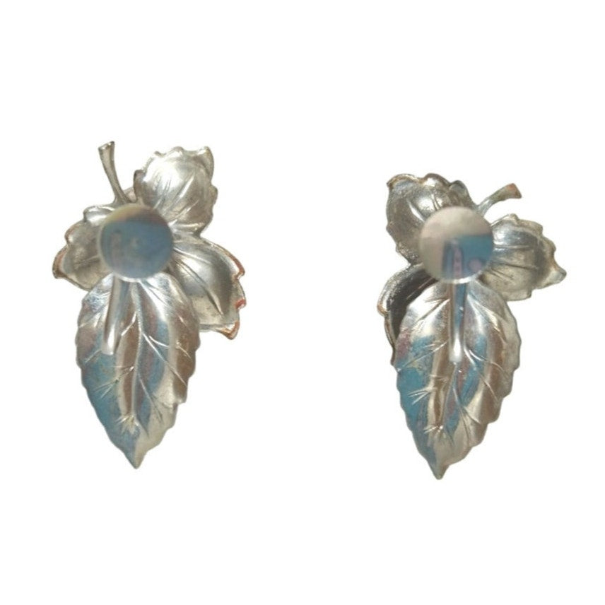 Vintage Flower & Leaf Metallic Silver Tone Stud Earrings Screw Back