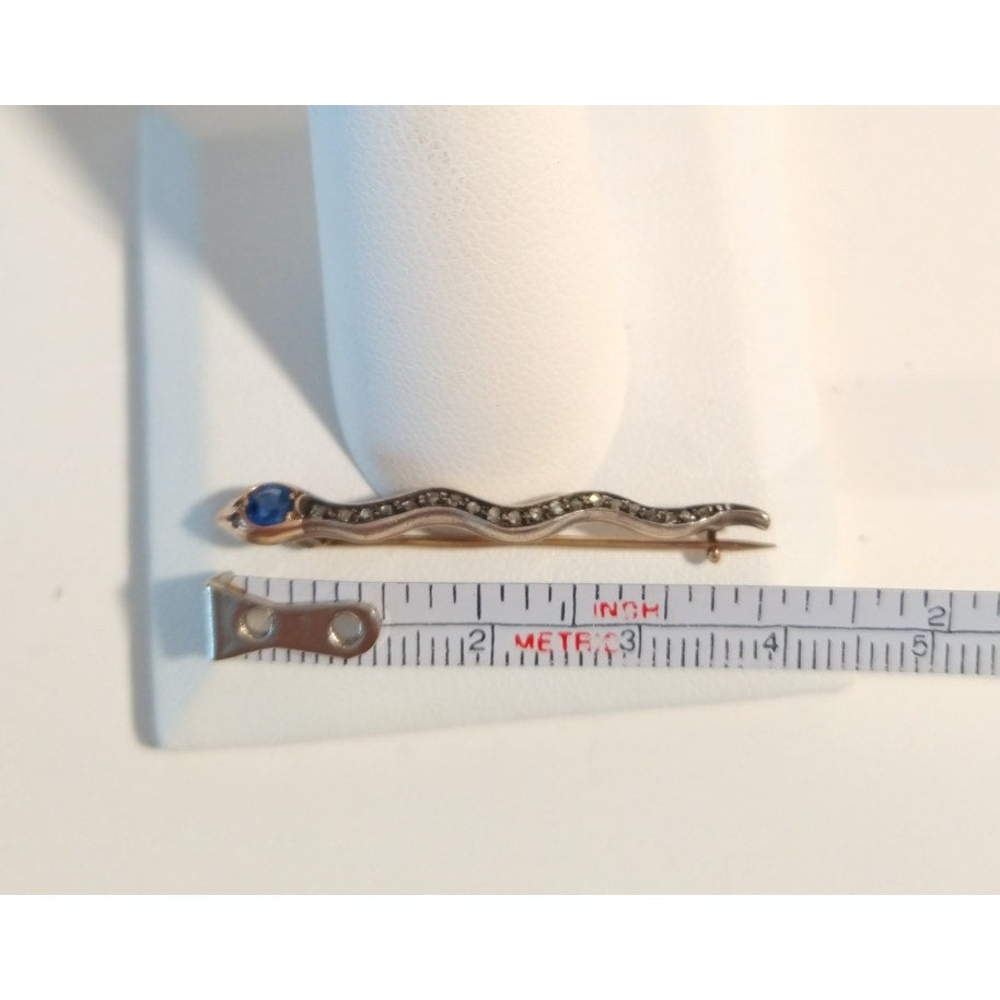 Antique Snake Brooch Pin Round Cut Blue Sapphire Diamonds 14K White/Yellow Gold