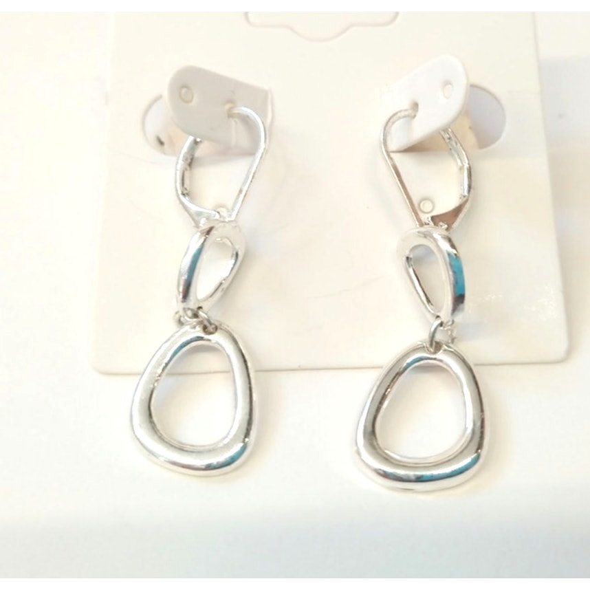 Vintage Double Oval Link Dangle Earrings Sterling Silver Plated Lever Back