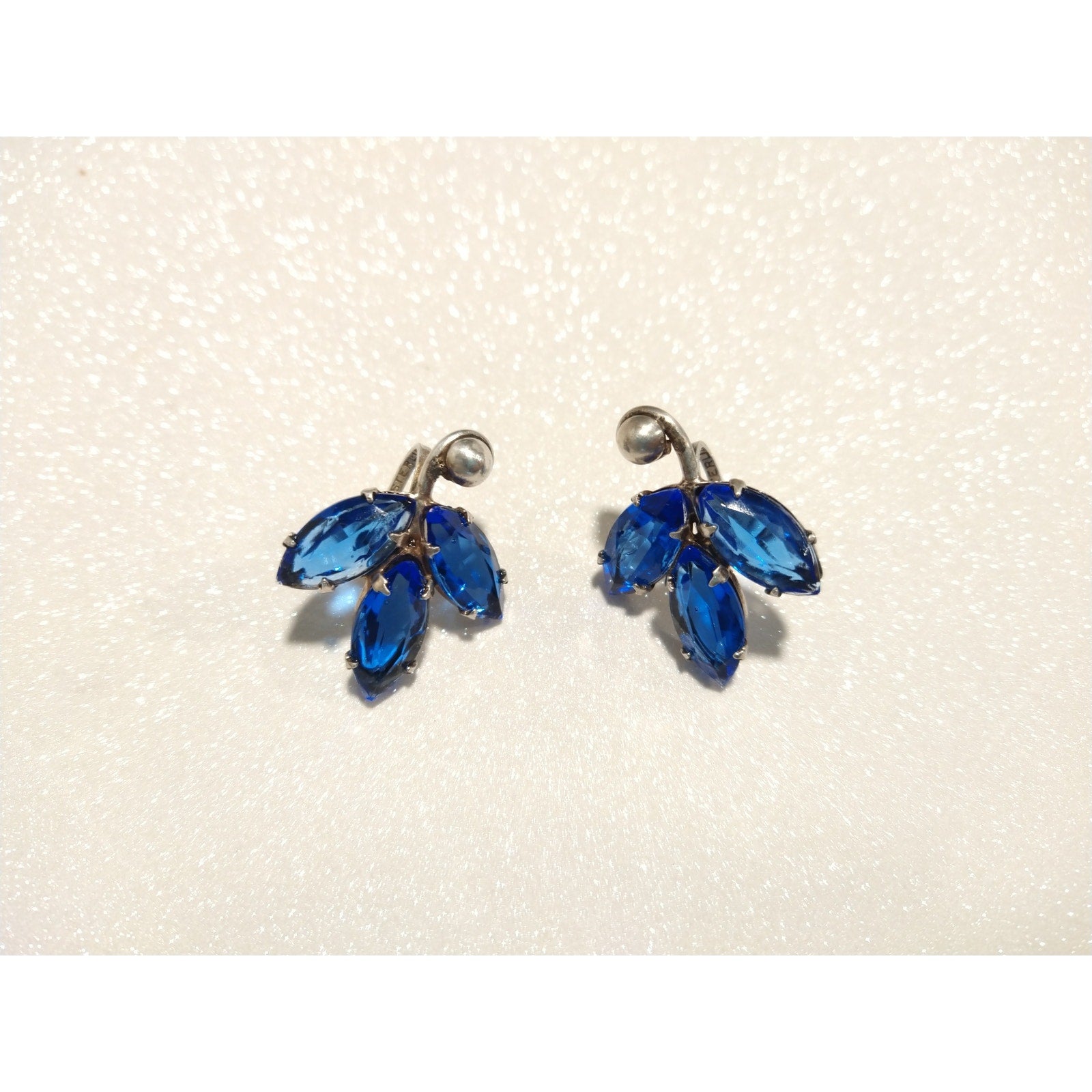 Vintage Blue Crystal Marquise Cut Solid Sterling Silver 925 Stud Earrings