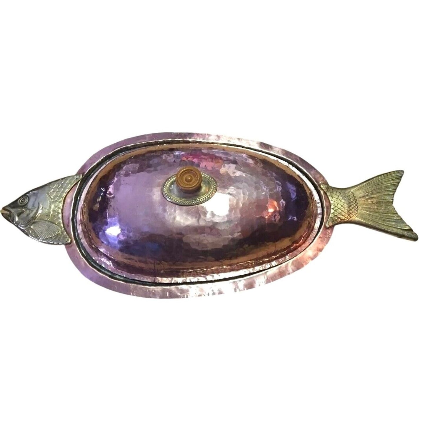 Antique Serving Dish Platter Cooking Lid Fish Seafood Oval Hammered Copper Brass