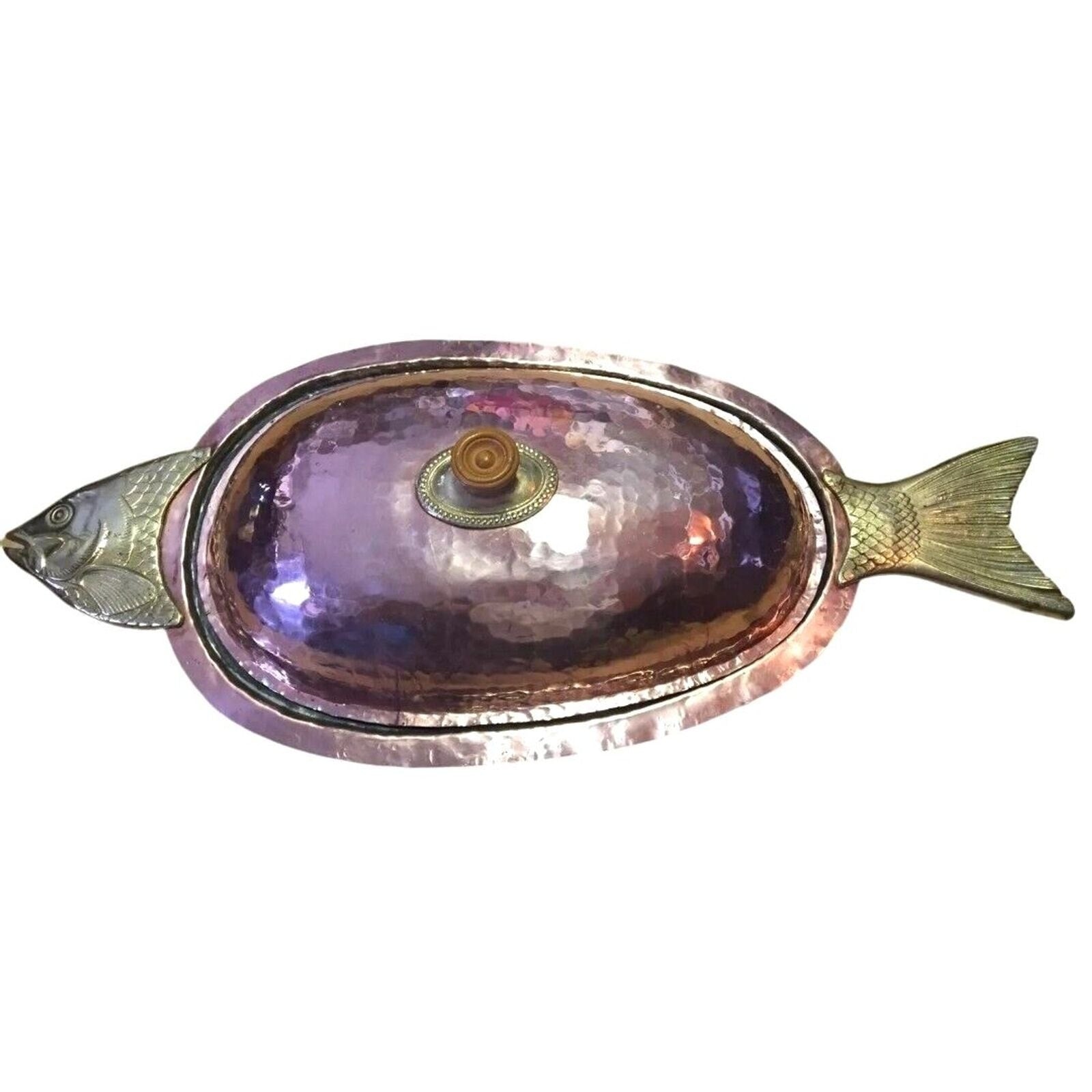 Antique Serving Dish Platter Cooking Lid Fish Seafood Oval Hammered Copper Brass
