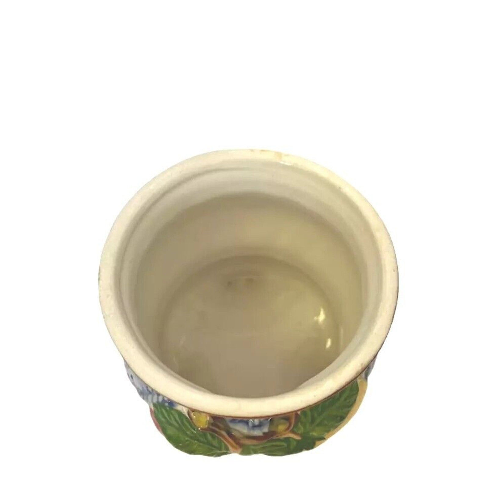 Vintage Coffee Tea Jar Bowl w Lid 6” Peaches Fruits Round Design Blue Ceramics
