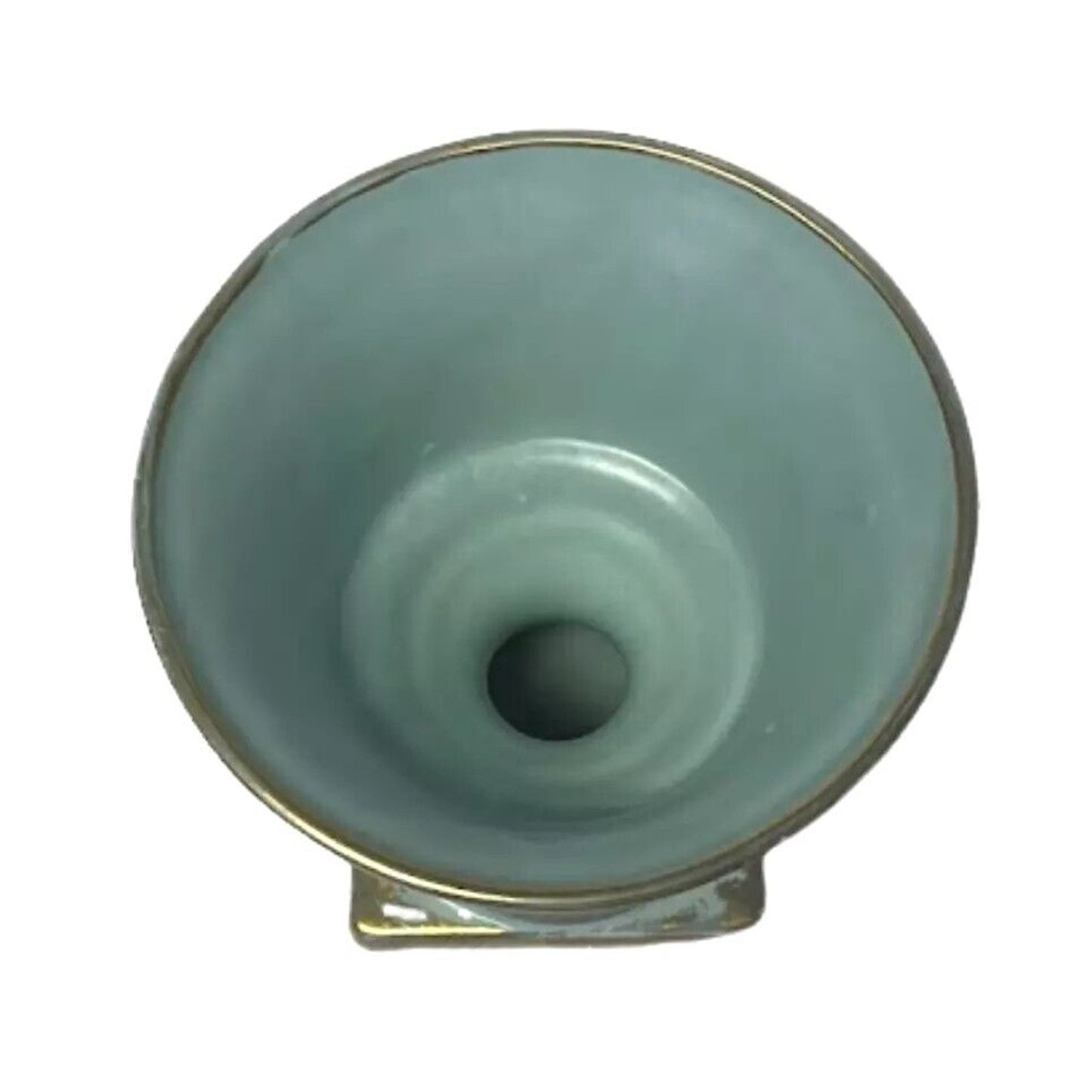 Vintage MCM Round Vase USA Turquoise Aqua Green Brushed w Gold On Pedestal