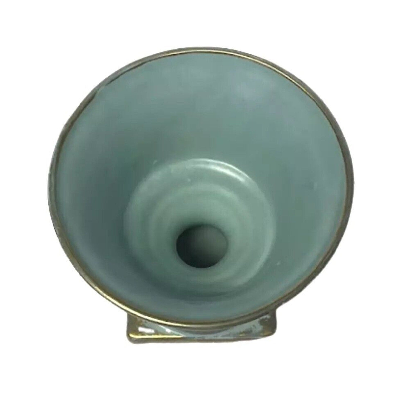 Vintage MCM Round Vase USA Turquoise Aqua Green Brushed w Gold On Pedestal
