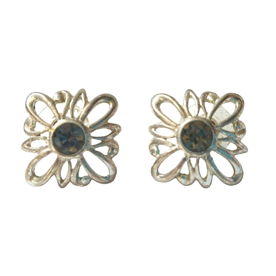 Vintage Black Rhinestones Flower Stud Earrings Silver Tone Post