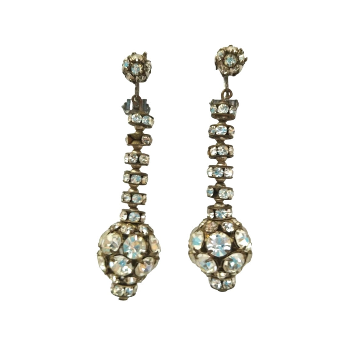 Vintage Disco Ball Round Cut Rhinestones Dangle Drop Earrings Silver Tone Clip
