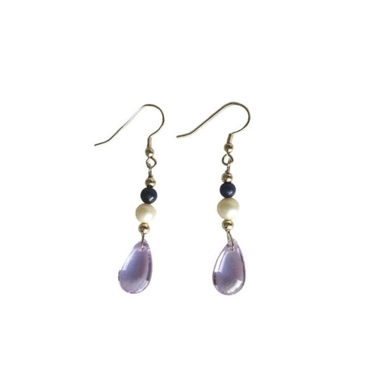Amethyst, Natural Pearl & Lapis Lazuli Dangle Earrings Sterling Silver 925 Hook