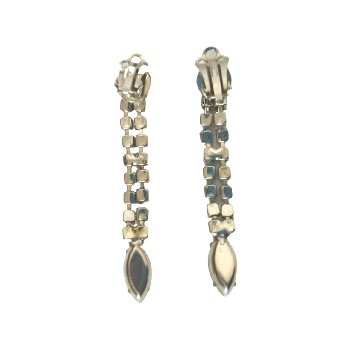 Vintage Marquise & Round Cut Rhinestone Dangle Drop Earrings Silver Tone Clip On