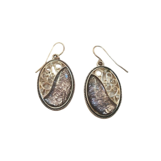 Vintage Abalone Oval Dangle Drop Earrings Silver Tone Hook