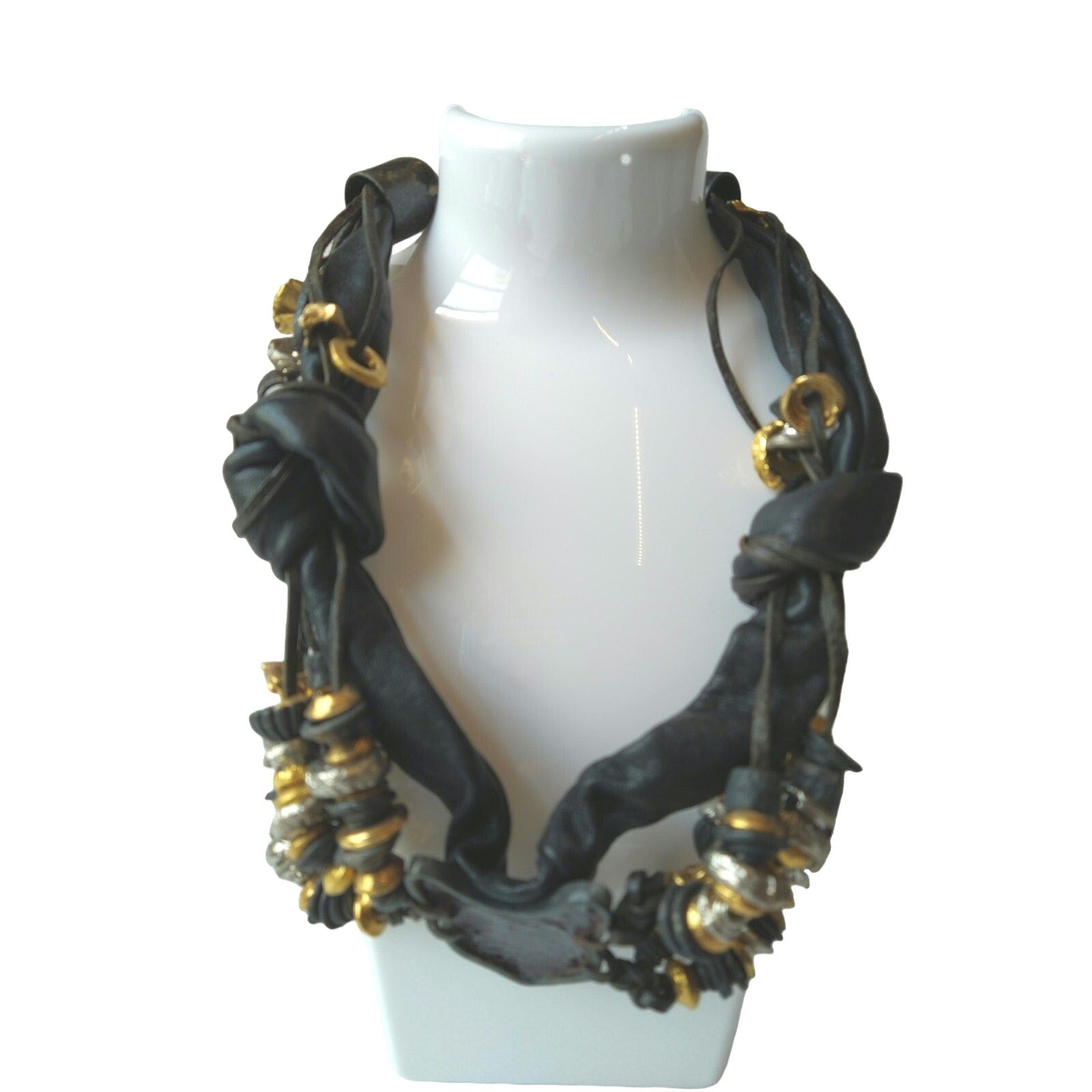 Vintage Pi & Pa Black Brown Leather Statement Necklace Gold & Silver Beads Signed