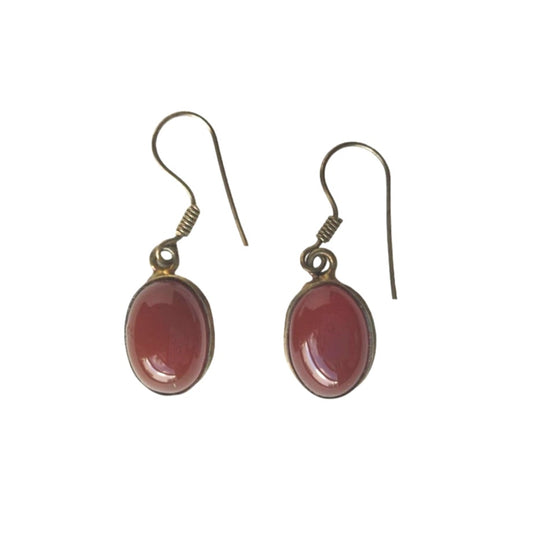 Vintage Cabochon Oval Cut Carnelian Dangle Earrings Sterling Silver 925 Hook