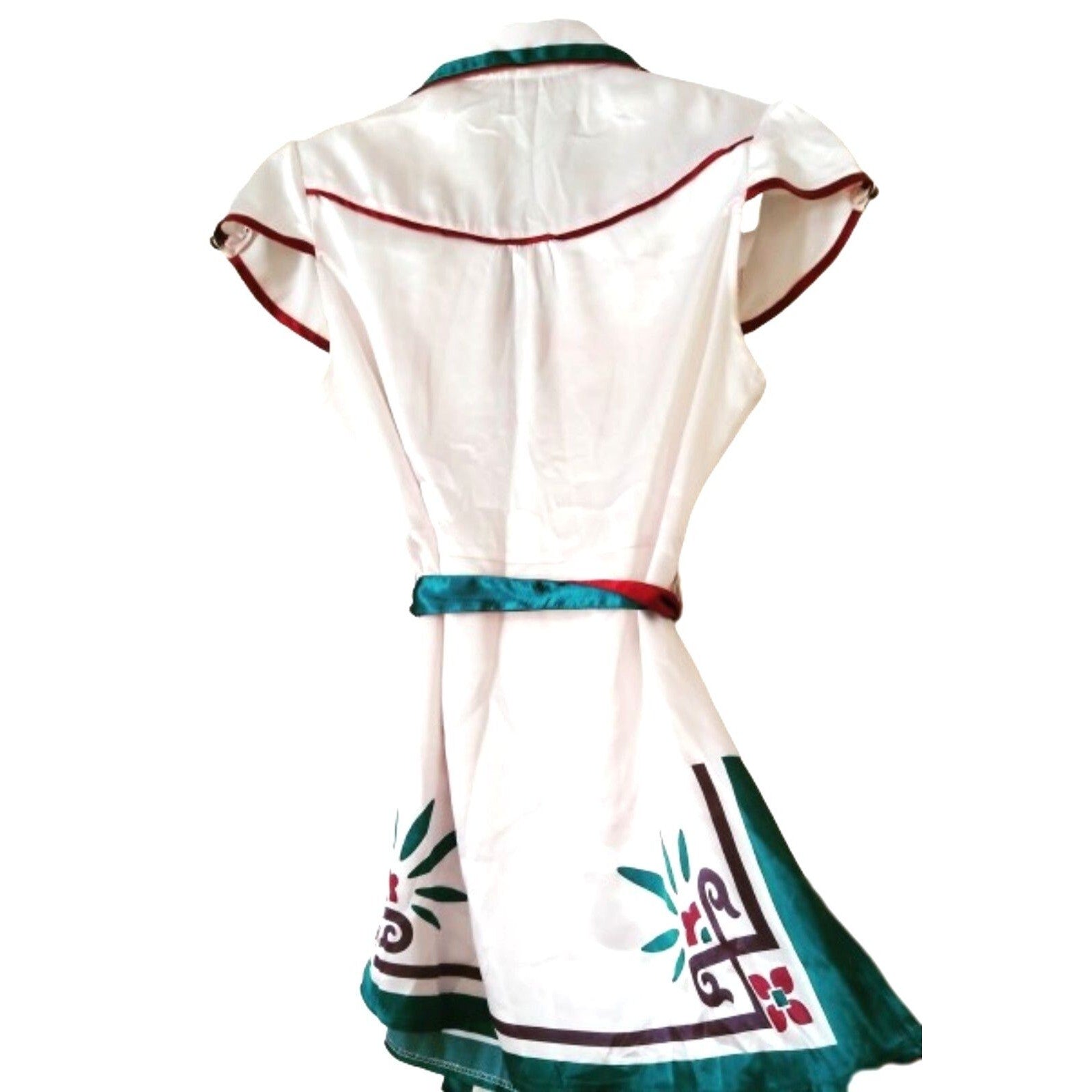 Azwell white satin t-shirt tunic short sleeve dark green -burgundy trims M
