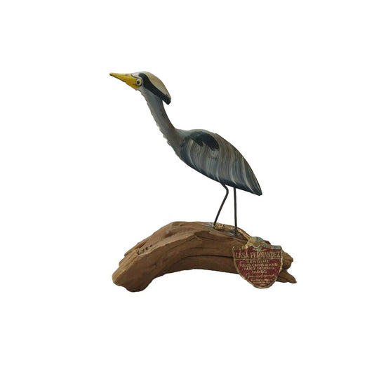 Casa Fernandez Gray Bird Figurine Hand Carved Hand Painted Stands On Drift Wood