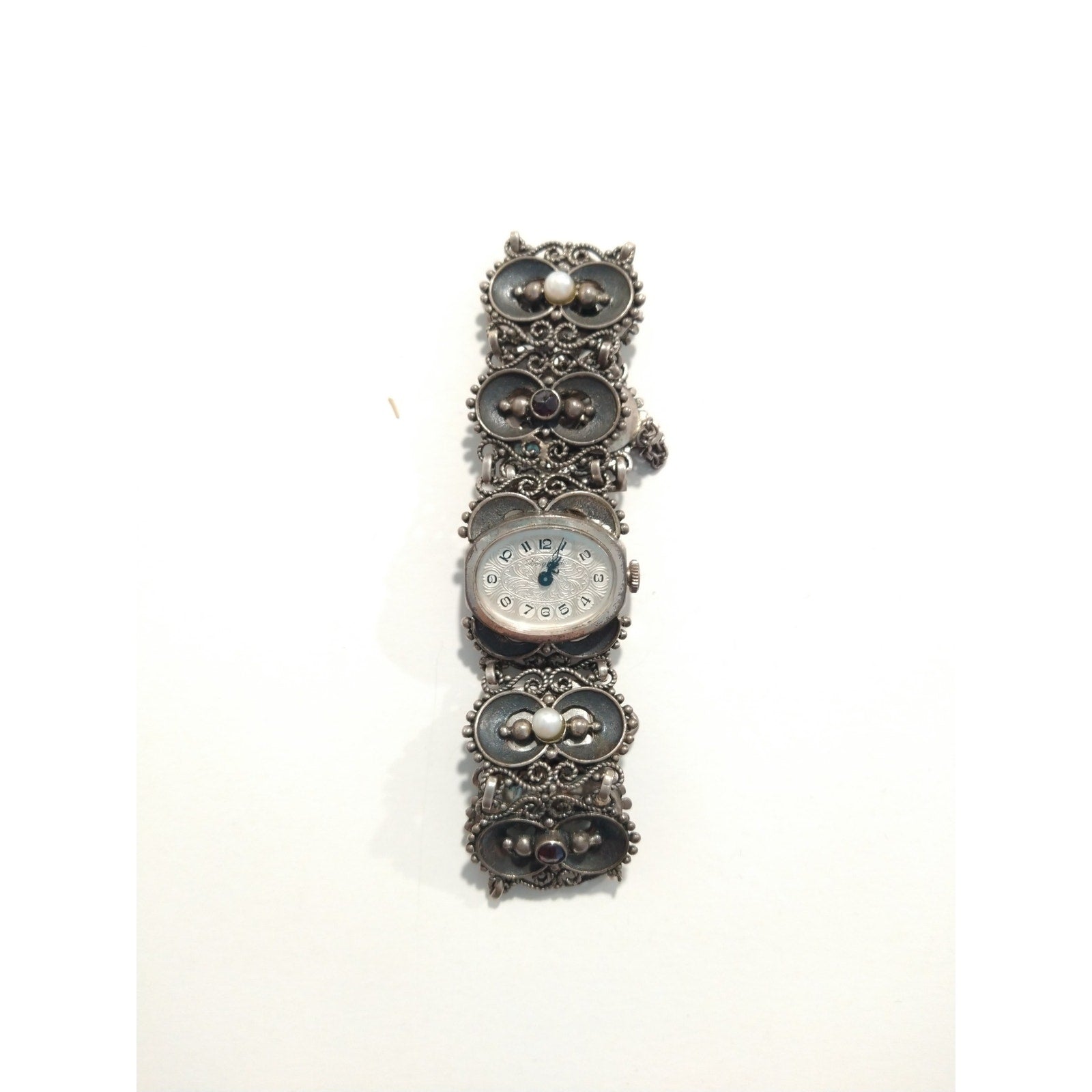 Antique Women`s Wrist Watch Bergland Filigree Sterling Silver Pearls Garnets