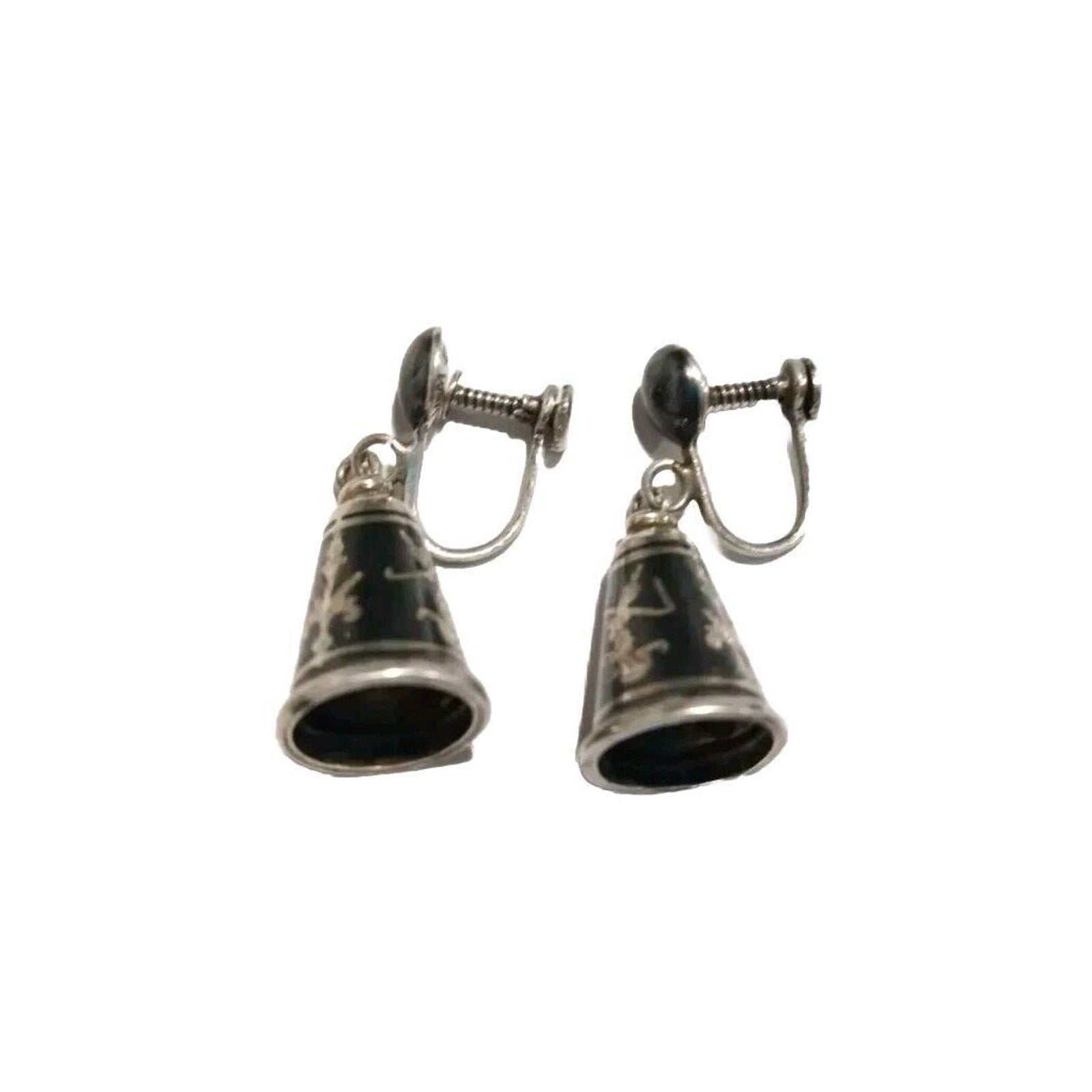 925 Sterling Silver Vintage Siam Niello Hindu Goddess Bell Screw Back Earrings