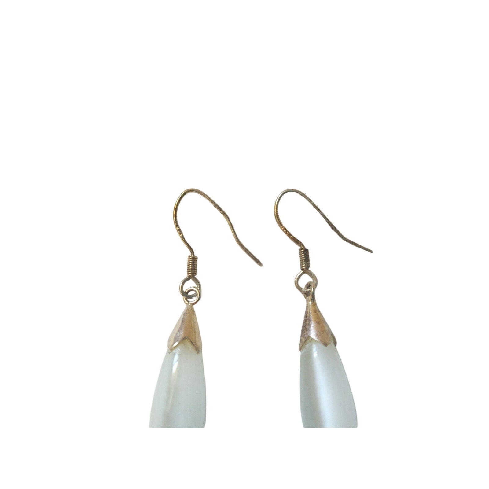 Elegant White Cats Eye Teardrop Dangle Earrings Solid Sterling Silver 925 Hook