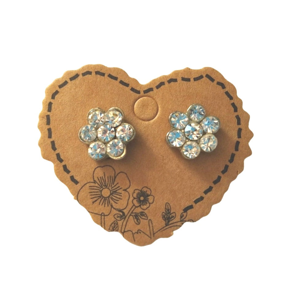 Vintage Round Cut Clear Rhinestones Flower Stud Earrings Silver Plated Posts