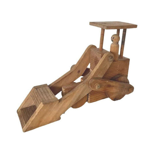 Vintage Children's Wooden Wood Toy Bulldozer With Driver And Roof