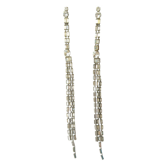 Vintage Rhinestones Triple Long Tassel Drop Earrings Silver Tone Clip On