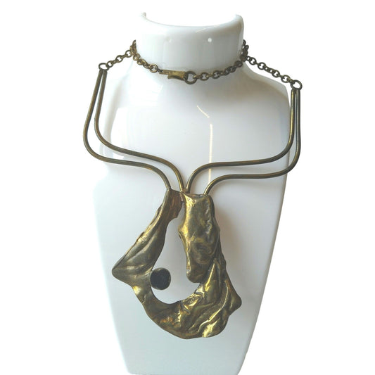 Vintage Joy D'Art Artisan Brutalist Brass Bib Statement Pendant Necklace Signed