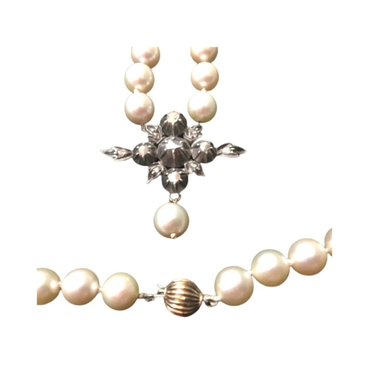 Antique Natural Pearl Necklace Rose Cut Diamonds 14K Gold Silver Victorian 1880s