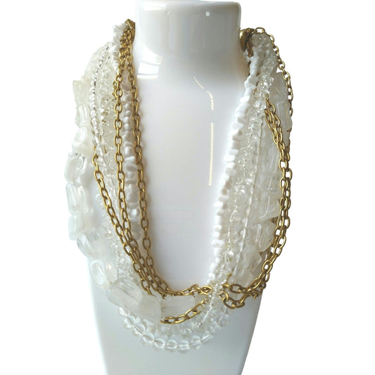 Vintage Multi strand Women's Statement Necklace Clear & White Beads Gold Tone