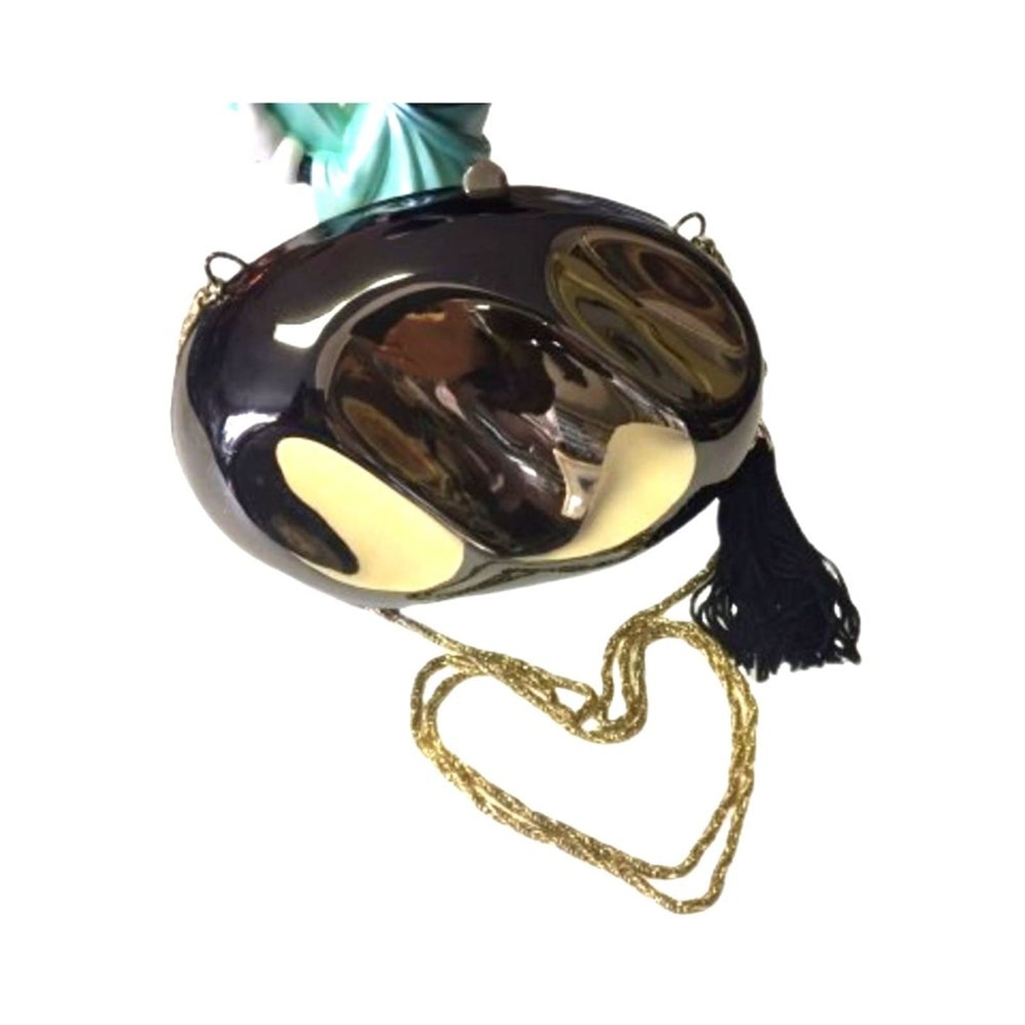 Vintage Brown Metallic Oval Clutch Purse Bag Gold Chain Strap Tassel Elegant
