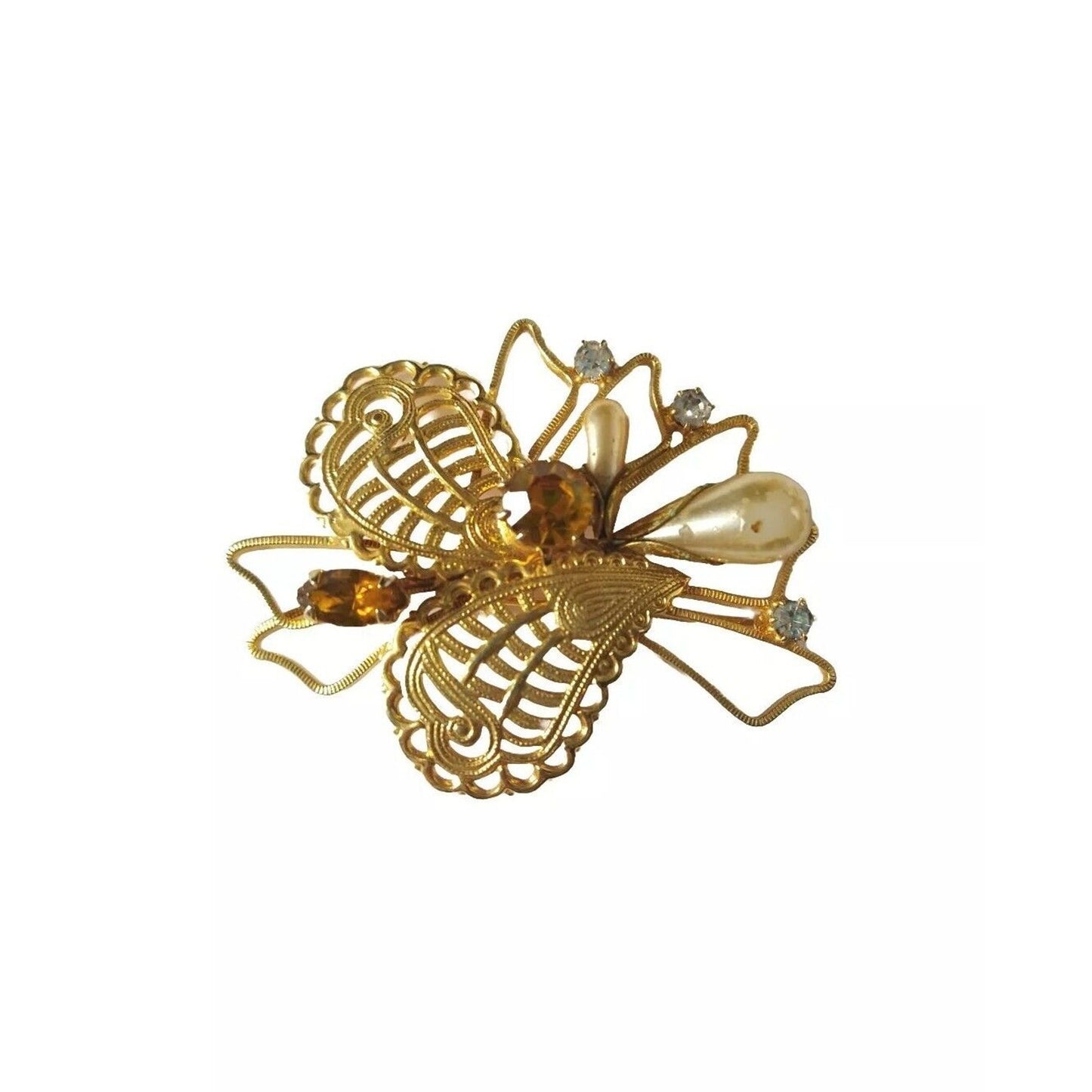 Antique Women's Brooch Pin Hearth Rhinestones Gold Tone Austria Estate Jewelry