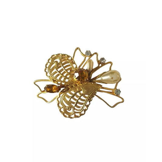 Antique Women's Brooch Pin Hearth Rhinestones Gold Tone Austria Estate Jewelry