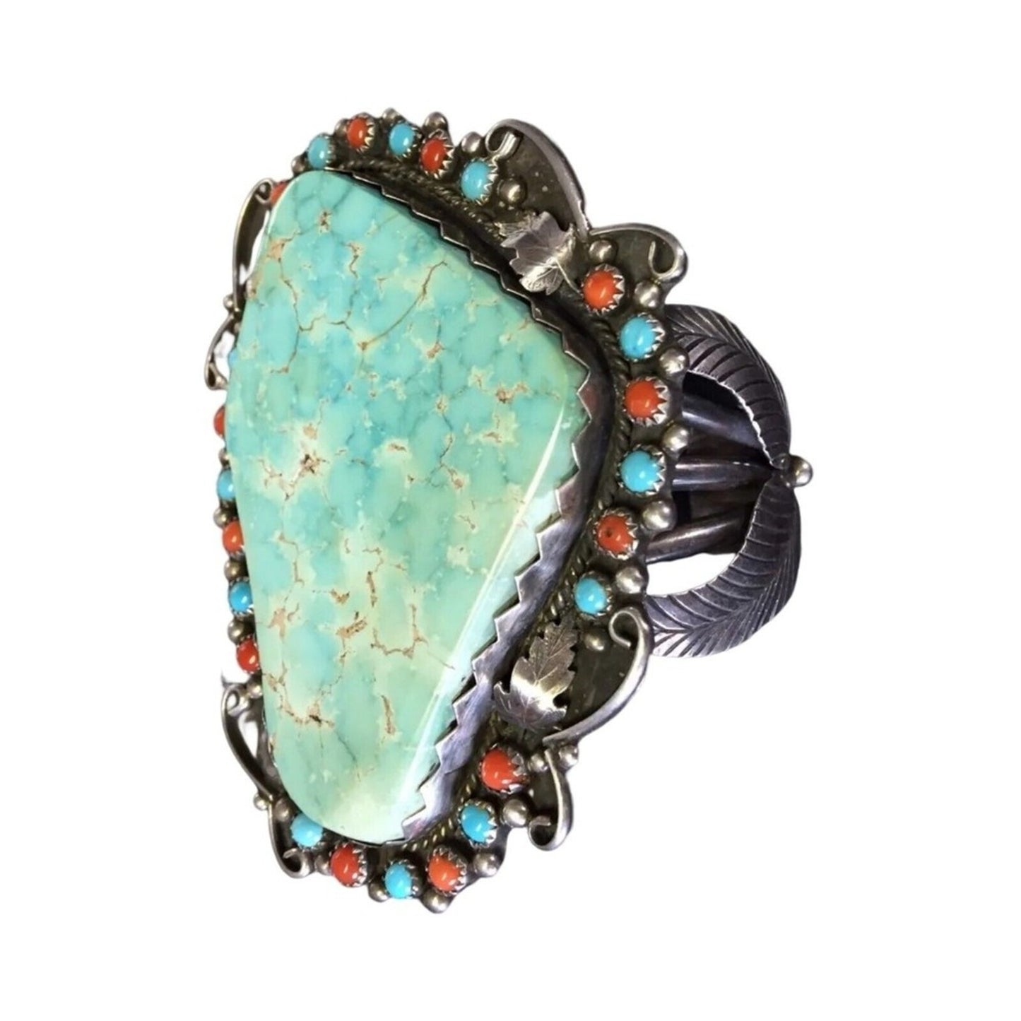 Antique Cuff Bracelet Green Turquoise Coral Sterling Silver Navajo Native Signed