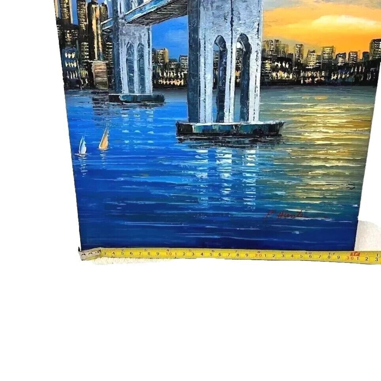 P. Hunter "Golden Bridge NY" Painting Oil on Canvas Blue Fine Art Signed