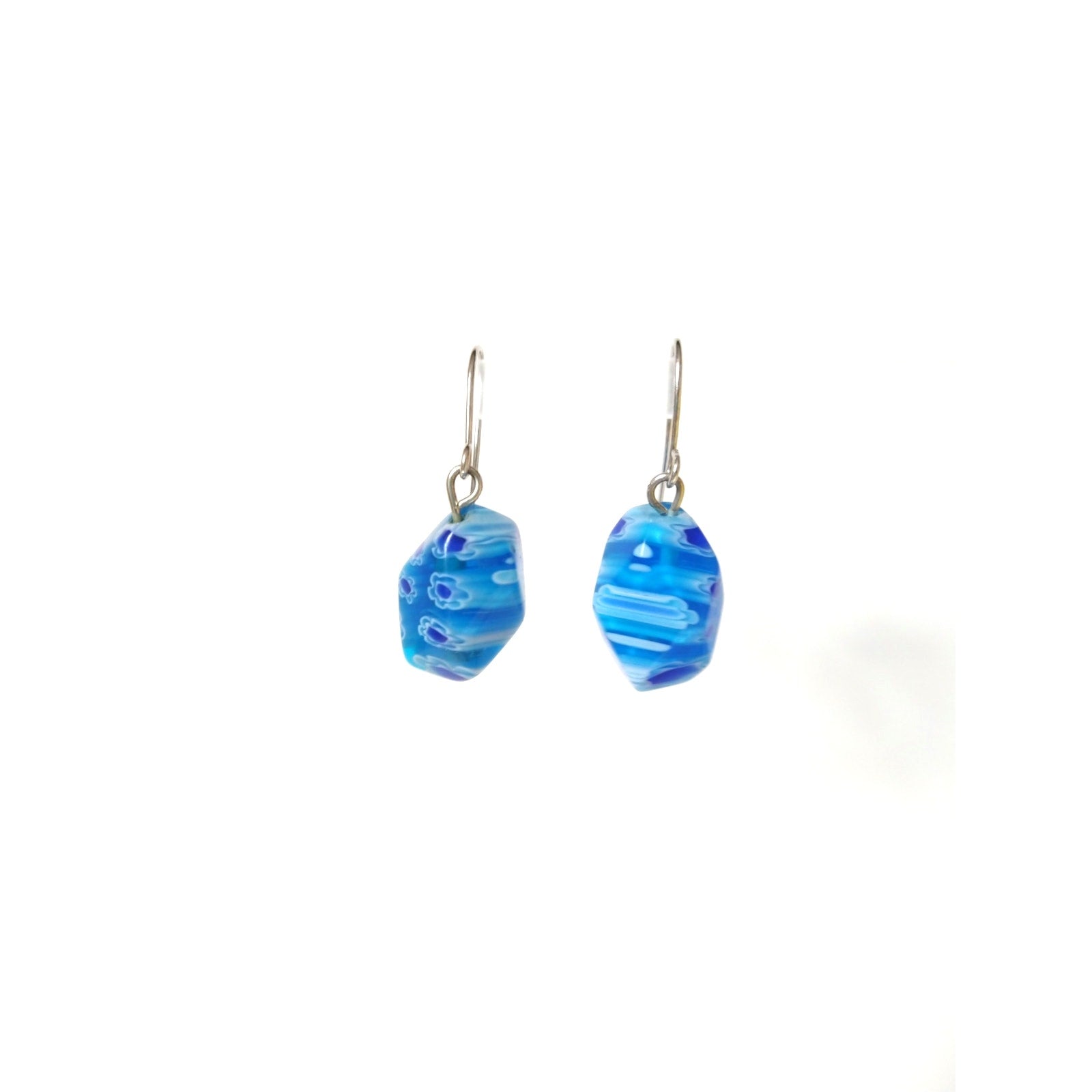 Millefiori Glass Bead Aqua Royal Blue Dangle Drop Earrings Stainless Steel