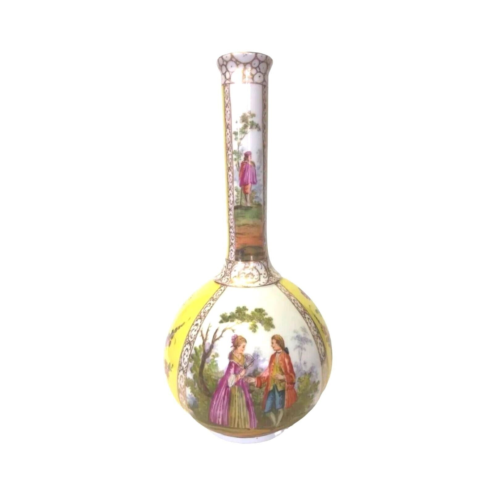 Antique Dresden Porcelain Vase white And Yellow Hand Painted 19c Germany