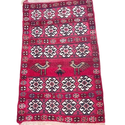 Vintage Hand-Knotted Wool Red Geometric Birds Ethnic Carpet Rug Kilim 54"X32"