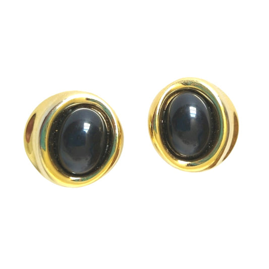 Vintage Givenchy Cabochon Oval Black Onyx Stud Earrings Yellow Gold Plated Clip