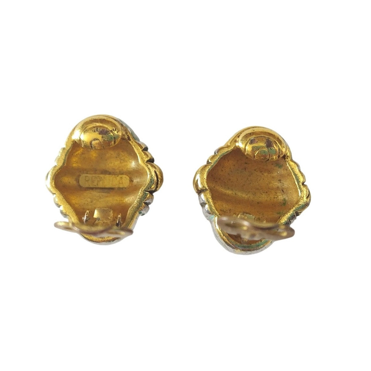 Vintage Replica Signed Gold & Silver Tone Ribbed Dome Stud Earrings Clip On