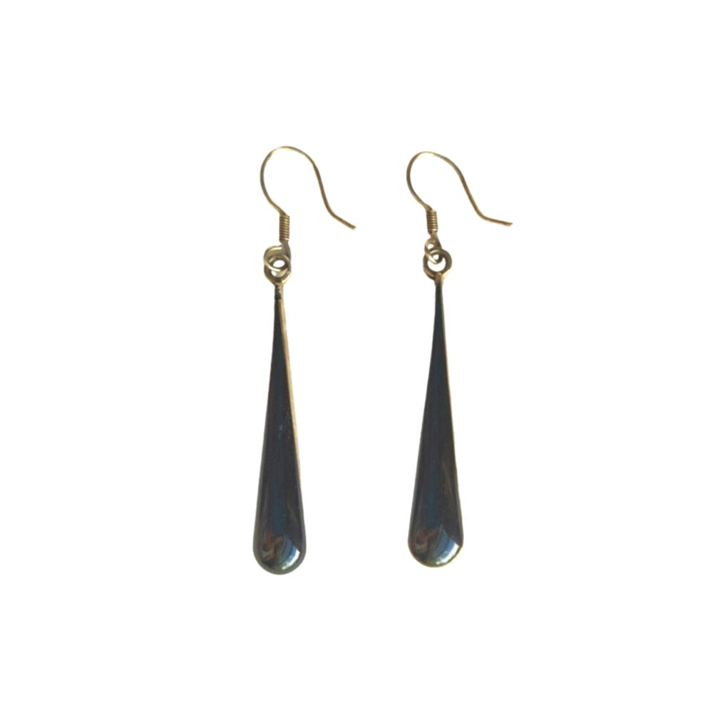 Vintage Mexico Black Onyx Inlaid Long Drop Earrings Sterling Silver 925 Hook
